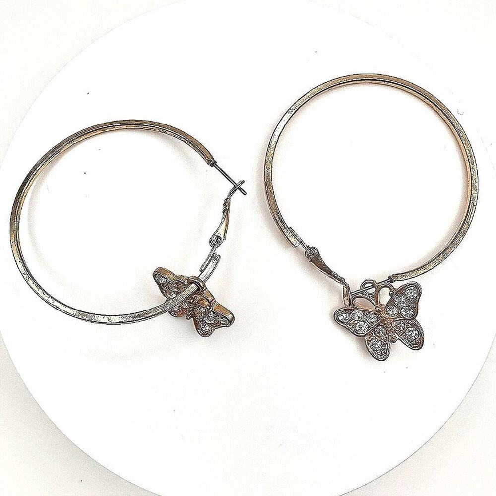 Vintage Y2K 90s Gold Tone Butterfly Hoop Charm Earrings Rhinestone Boho Jewelry